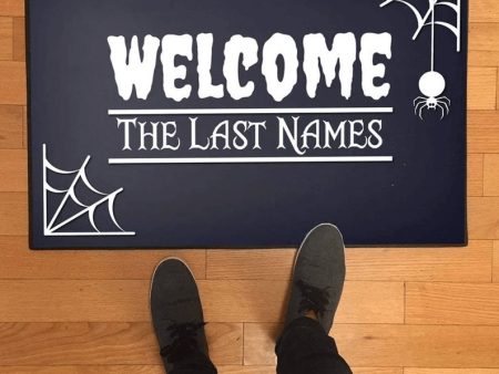 Welcome with Spider Webs + Custom Last Name, Halloween Doormat on Sale